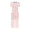Self-portrait Pink Crewneck Midi Dress With All-over Lace Embroidery And Jewel Embellishment On The Collar In Cott In Pink