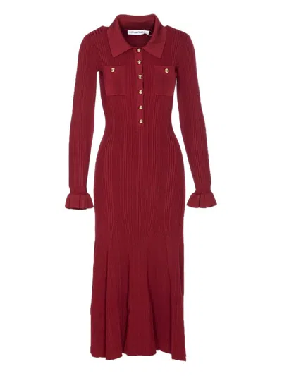 Self-portrait Fitted Ribbed Maxi Dress With Classic Collar In Red