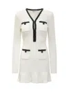 Self-portrait Textured White Dress With Beaded V-neckline In White