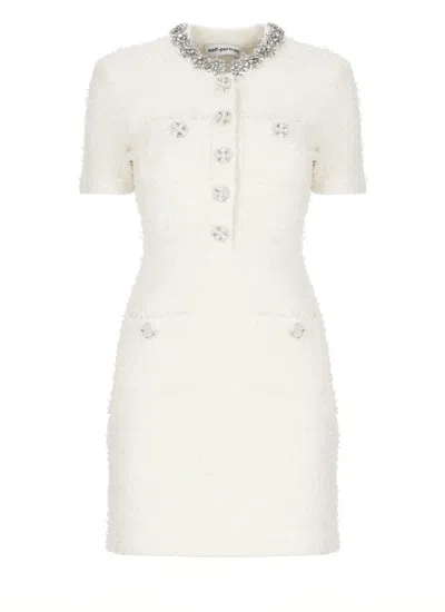 Self-portrait Knee Length Dress With Crew Neck And Pockets In White