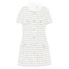 Self-portrait White Mini Dress With Jewel Buttons And All-over Check Motif In Tech Fabric Woman In White