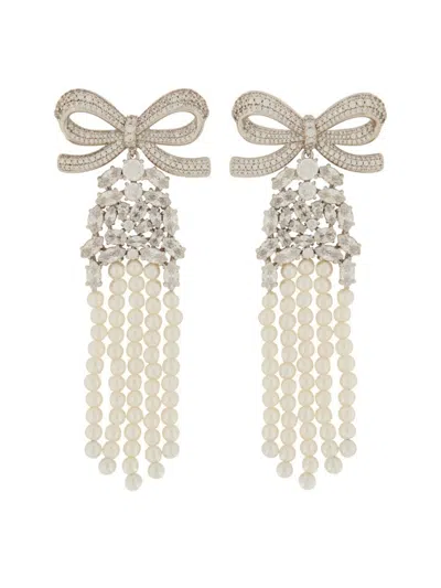 Self-portrait Drop Earrings With Delicate Bow And Pearl Strands In White