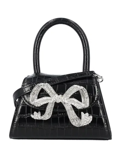 Self-portrait Elegant Croc Leather Micro Handbag With Diamante Bow In Black