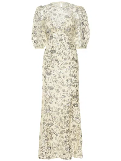 Self-portrait Elegant Long Dress With Puffed Sleeves In Neutral