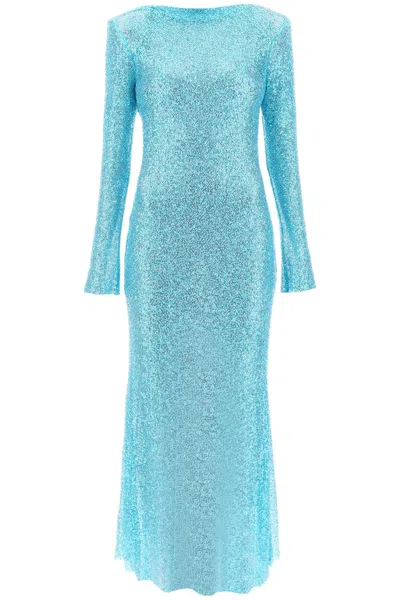 Self-portrait Elegant Long-sleeved Maxi Dress With Sequins & Beads For Women In Light Blue