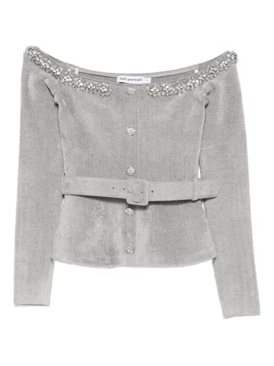 Self-portrait Grey Chenille Knit Crystal Trim Top Clothing In Gray