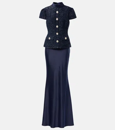 Self-portrait Layered Embellished Metallic Bouclé-tweed And Satin Maxi Dress In Navy