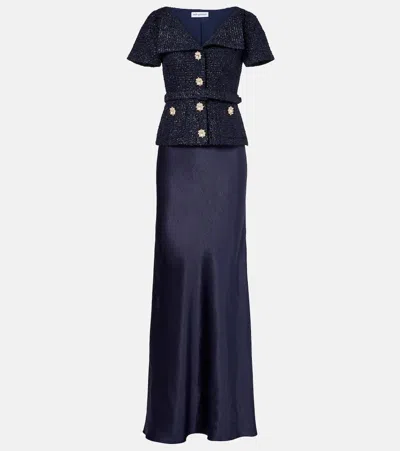 Self-portrait Embellished Bouclé And Satin Maxi Dress In Blue