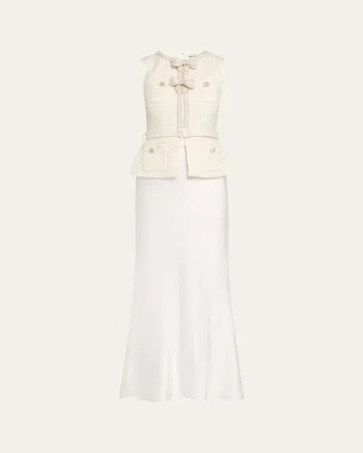 Self-portrait Embellished Boucle Mixed-media Midi Dress In Beige