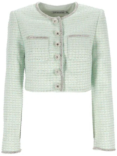 Self-portrait Embellished Buttoned Cropped Jacket In Mint