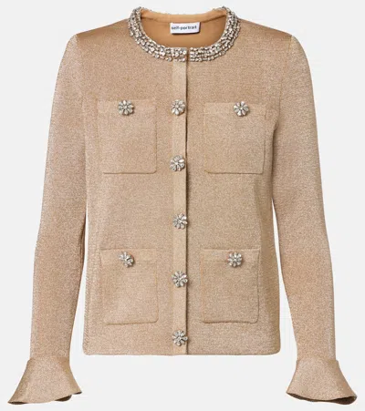 Self-portrait Womens Self Portrait Crystal-trim Round-neck Knitted Cardigan In Gold