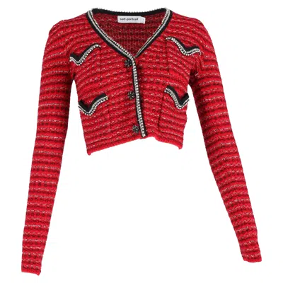 Self-portrait Embellished Cardigan In Red Tweed Wool