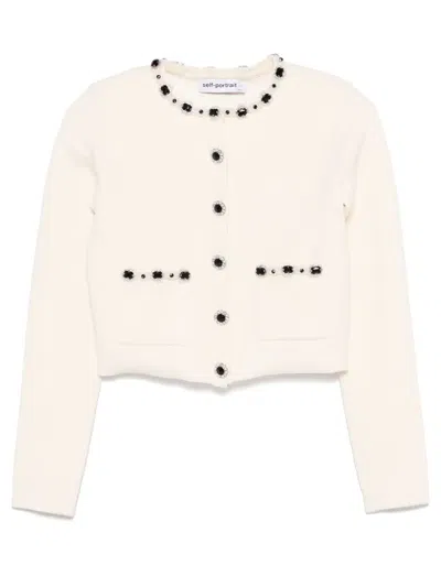 Self-portrait Embellished Cardigan In Cream