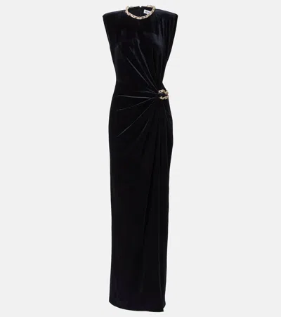 Self-portrait Embellished Chain-detail Velvet Maxi Dress In Black