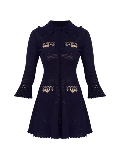 Self-portrait Navy Shell Embellished Knit Mini Dress In Multi