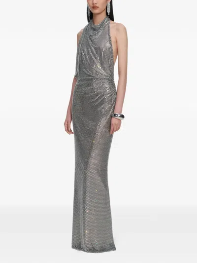 Self-portrait Embellished Draped Mesh Halterneck Maxi Dress In Silver
