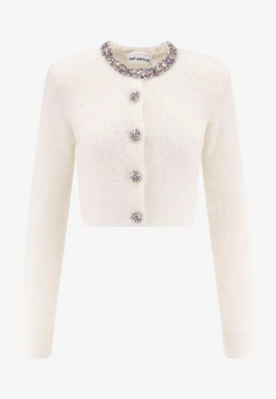Self-portrait Alpaca Blend Cardigan With Rhinestones In White