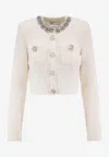 Self-portrait White Crewneck Cropped Cardigan With Crystal Embellishments On The Collar In Cotton Blend Woman In White