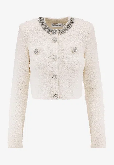 Self-portrait Embellished Cropped Cardigan In White