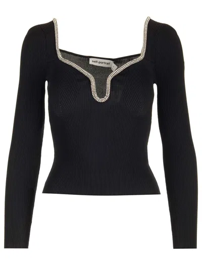 Self-portrait Embellished Cropped Top In Nero
