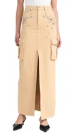 SELF-PORTRAIT EMBELLISHED DENIM CARGO MAXI SKIRT BEIGE