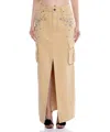 Self-portrait Embellished Jewels Denim Cargo Maxi Skirt In Beige