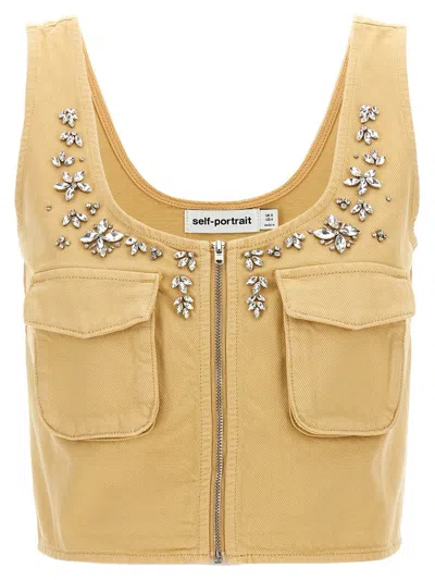 Self-portrait Crystal-embellished Twill Vest In Beige