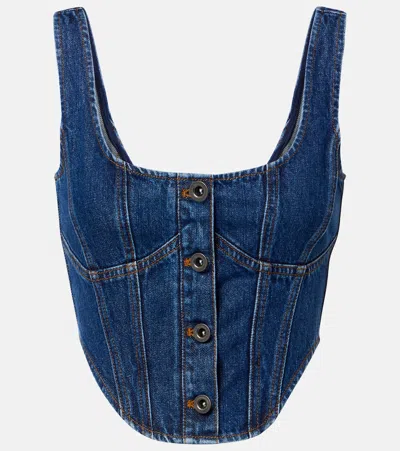 Self-portrait Embellished Denim Crop Top In Blue