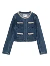 Self-portrait Cropped Denim Jacket With Crystal Chain Trims In Blue