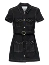 Self-portrait Womens Blue Crystal Short-sleeves Stretch-denim Blend Mini Dress In Black