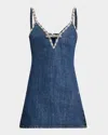 Self-portrait Blue Mini Dress With Bow Detail On The Front And Crystal Embellishment In Denim Woman In Blue
