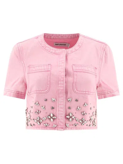 Self-portrait Embellished Denim Top In Pink