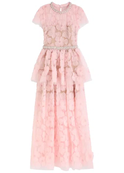 Self-portrait Embellished Floral Tulle Maxi Dress In Pink