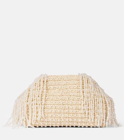 Self-portrait Embellished Fringed Raffia Clutch In Neutrals