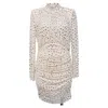 Self-portrait Embellished Gathered Mesh Turtleneck Mini Dress In Cream Polyester In White