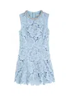 Self-portrait Bue Crewneck Mini Dress With Rhinestoned Collar And All-over Floral Lace Embroidery In Tech Fabric W In Blue