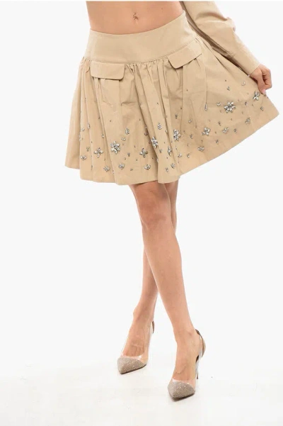 Self-portrait Embellished Jewels Pleated Cotton Flared Skirt In Neutral