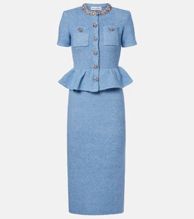 Self-portrait Embellished Knitted Midi Dress In Blue