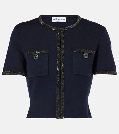 Self-portrait Crystal-embellished Cardigan In Blue