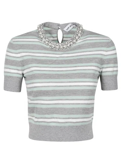 Self-portrait Embellished Knitted Top With Striped Design In Gray
