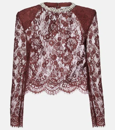 Self-portrait Embellished Lace Top In Brown