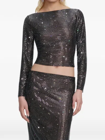 Self-portrait Gunmetal Rhinestone Long-sleeved Top In Black