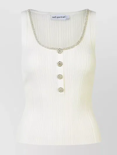 Self-portrait Embellished Neckline Ribbed Texture Sleeveless Top In Neutral