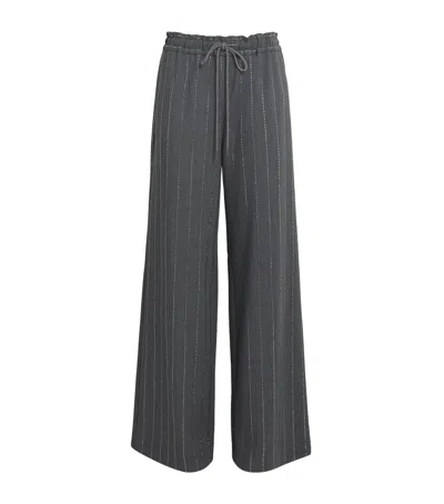 Self-portrait Embellished Pinstripe Wide-leg Trousers In Gray