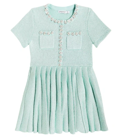 Self-portrait Kids' Embellished Pleated Knit Dress In Grün