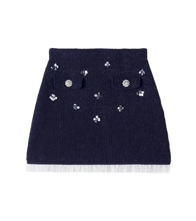Self-portrait Kids' Embellished Ribbed-knit Skirt In Blue