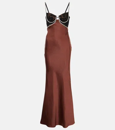 Self-portrait Embellished Satin Gown In Brown