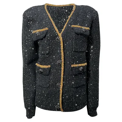 Self-portrait Embellished Single-breasted Tweed Jacket In Black Polyester