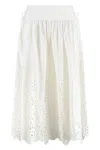 Self-portrait White Midi Skirt With Side Gathered Details And All-over Embroidery In Cotton Woman