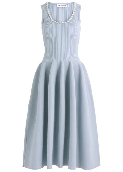 Self-portrait Diamante-trim Rib Knit Midi Dress In Blue